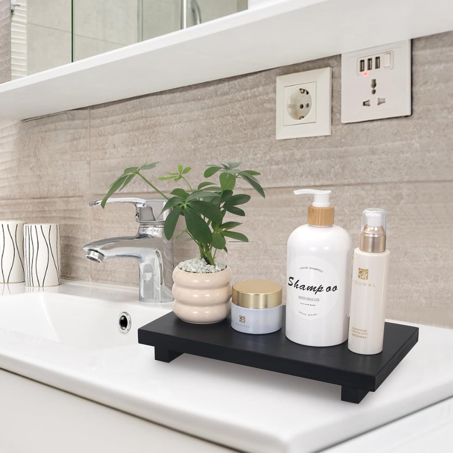 Wooden Pedestal Stand Black Bathroom Counter Organizer Tray Decor Farmhouse Wood Risers Small Hand Soap Dish Dispenser Holder for Kitchen Sink Modern Bathroom Vanity Accessories Decorative Tray