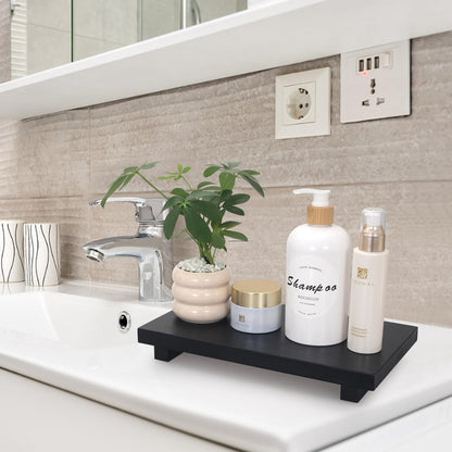 Wooden Pedestal Stand Black Bathroom Counter Organizer Tray Decor Farmhouse Wood Risers Small Hand Soap Dish Dispenser Holder for Kitchen Sink Modern Bathroom Vanity Accessories Decorative Tray