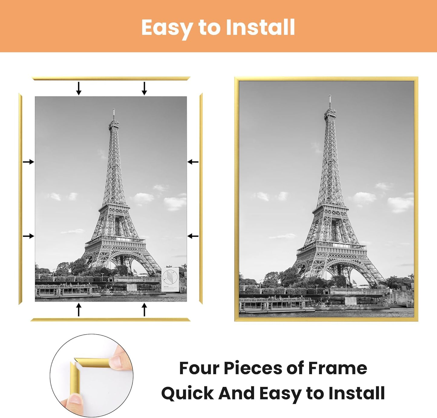 upsimples 18x24 Picture Frame Black 3 Pack, Scratch-Proof Poster Frames 18 x 24 for Photo Gallery - Slide-In Strips, Horizontal or Vertical Wall Mounting