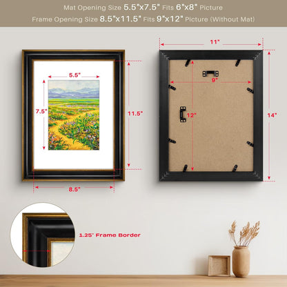 Golden State Art, 11x14 Photo Frame with Mat for Pictures 8x10 and Real Glass (Dark Gold Brown & Bronze Pewter Panel with White Color Mat, 1.25 Inch Frame Border)
