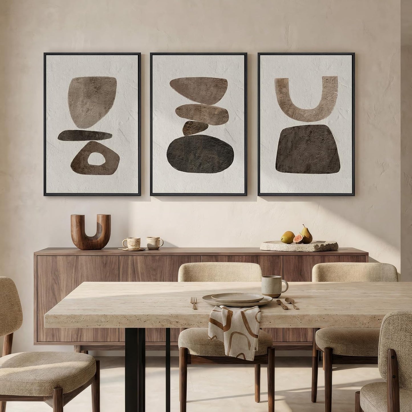 Large Framed Neutral Abstract Wall Art for Living Room, 3 Piece Modern Canvas Prints Paintings Artwork for Walls, Black and Beige Pictures for Living Room Hallway Stair Office Wall Decor 24x36 Inch