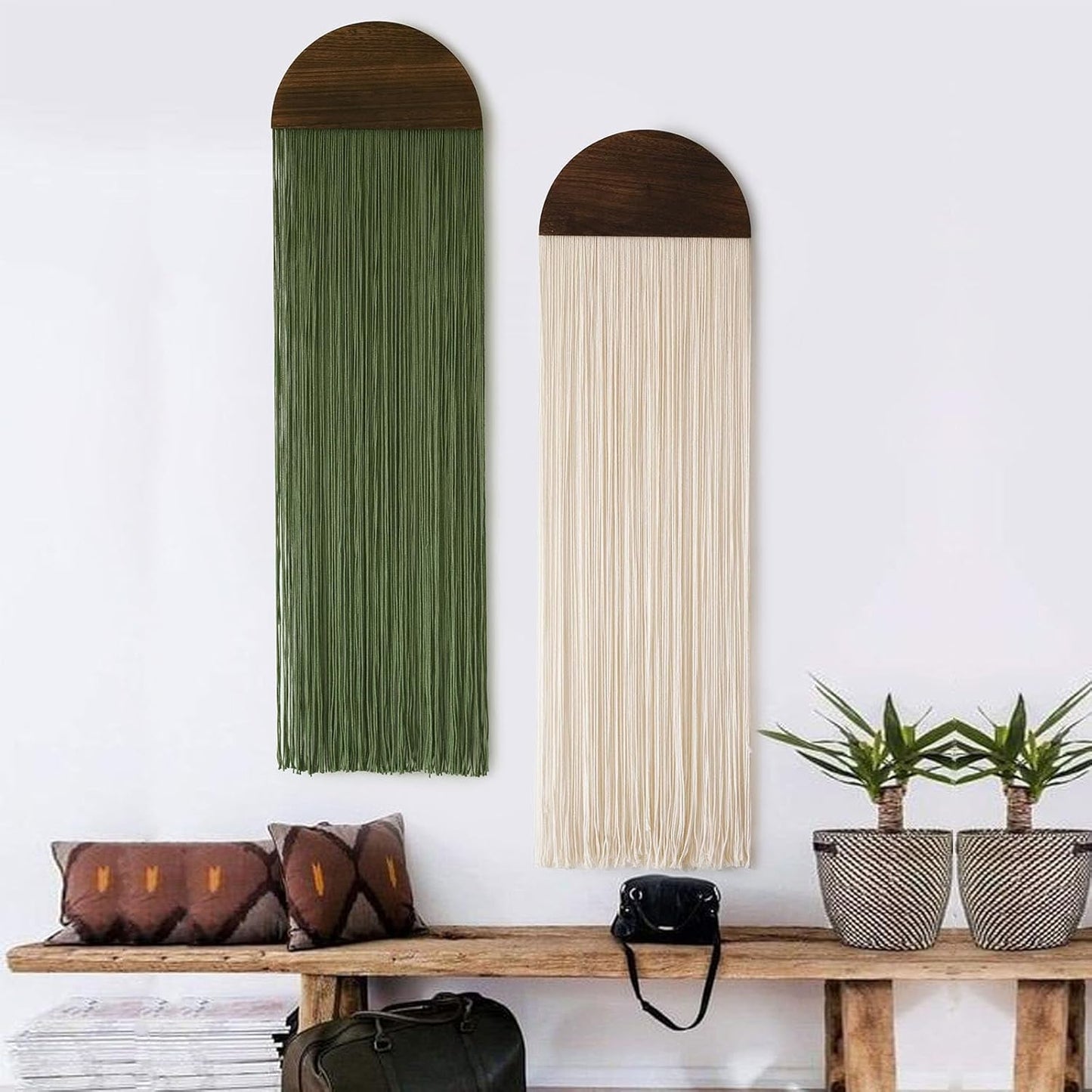 Flber 2 Pcs Macrame Wall Hanging Boho Wall Decor Handmade Macrame Art Tapestry Wedding Macrame Backdrop 13.7" W x 51" L For Living room Bedroom Headboard Decor