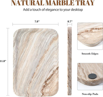 Koville Romano Travertine Tray, 12"x8" Natural Stone Vanity Tray for Countertop Bathroom Kitchen Dresser, Decorative Marble Catchall Trays for Perfume Jewelry, Rectangular Serving Tray(Beige)