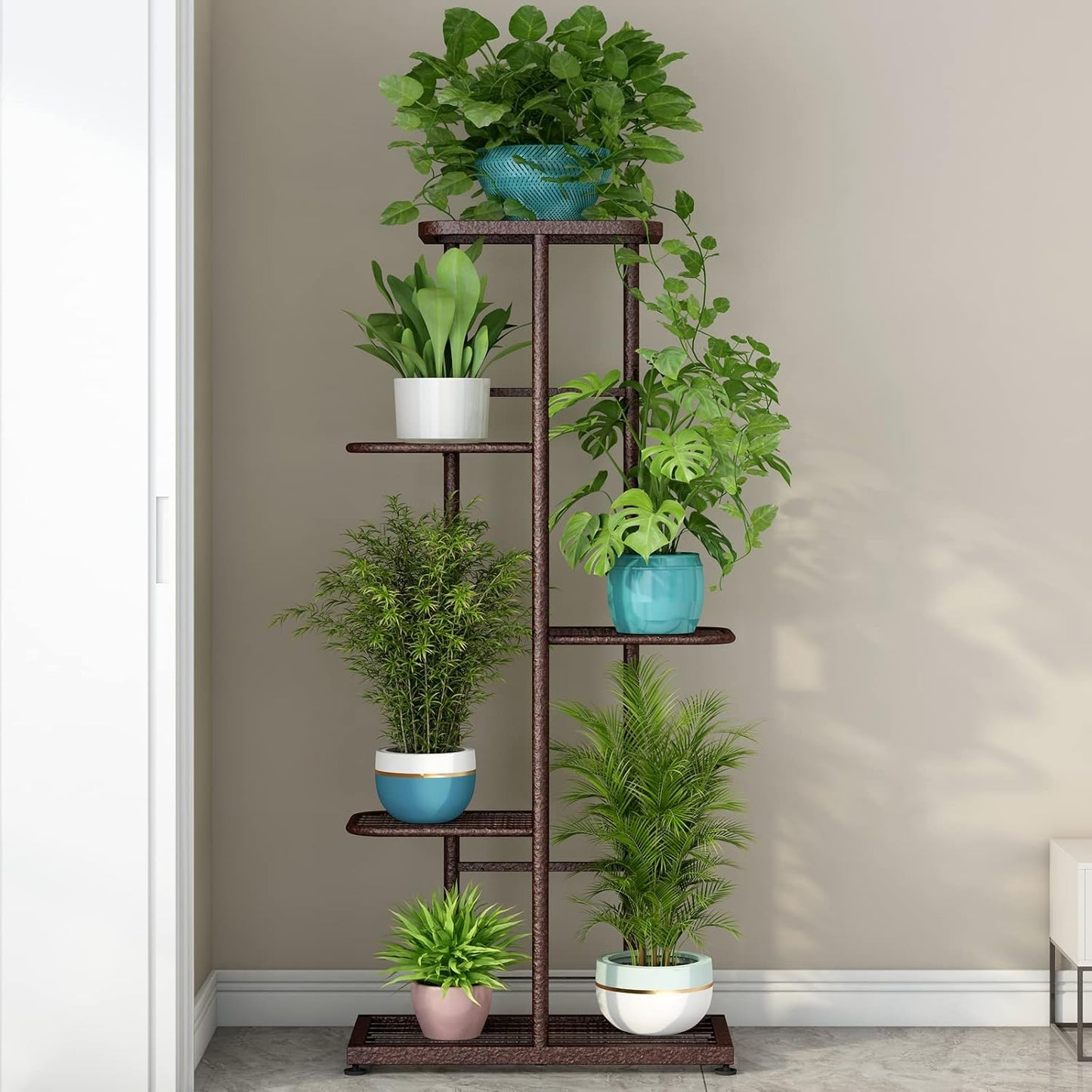 LINZINAR Plant Stand Indoor Outdoor Corner 4 Tier Metal Plant Shelf Patio Plant Rack for Garden Corner Balcony Living Room