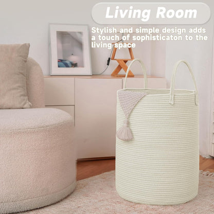 JMvicyroam Large Woven Laundry Basket Hamper,60L Cotton Rope Storage Bin for Blankets,Toys and Clothes,Decorative Tall Nursery Hamper for Living Room,Baby Nursery,Bathroom and Bedroom,Brown