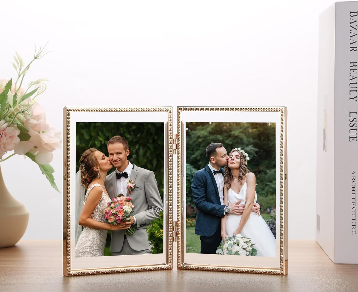 Gold 6x8'' Floating Photo Frame 2 Pack, Beaded Metal Frame Fits 3.5x5'', 4x6'' & 5x7'' Pictures, Adjustable Tabletop & Shelf Display, Elegant Wedding Gift for Home Decor