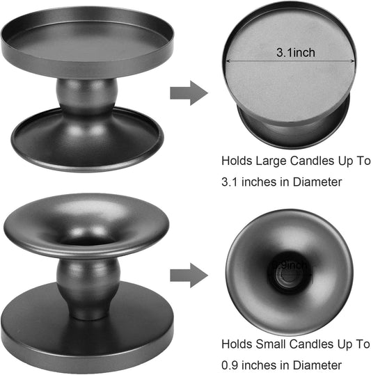 Table Gold Candle Holders – Set of 2 | Reversible Metal Candle Stand for Pillar & Taper Candles | Stylish Tabletop Candle Tray for Home Décor, Weddings & Special Occasions (Gold)