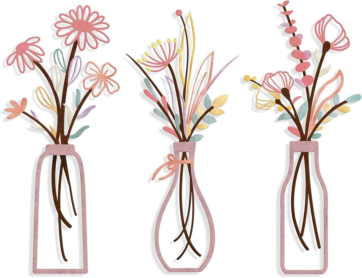 Pigort 3 Pieces Metal Flowers Wall Art- Rustic Farmhouse Decor Minimalist Decor for Living Room Bathroom Bedroom Dining Room, Housewarming Gifts Christmas Decoration(Beige, Vase-C)