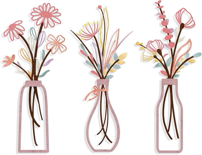 Pigort 3 Pieces Metal Flowers Wall Art- Rustic Farmhouse Decor Minimalist Decor for Living Room Bathroom Bedroom Dining Room, Housewarming Gifts Christmas Decoration(Beige, Vase-C)