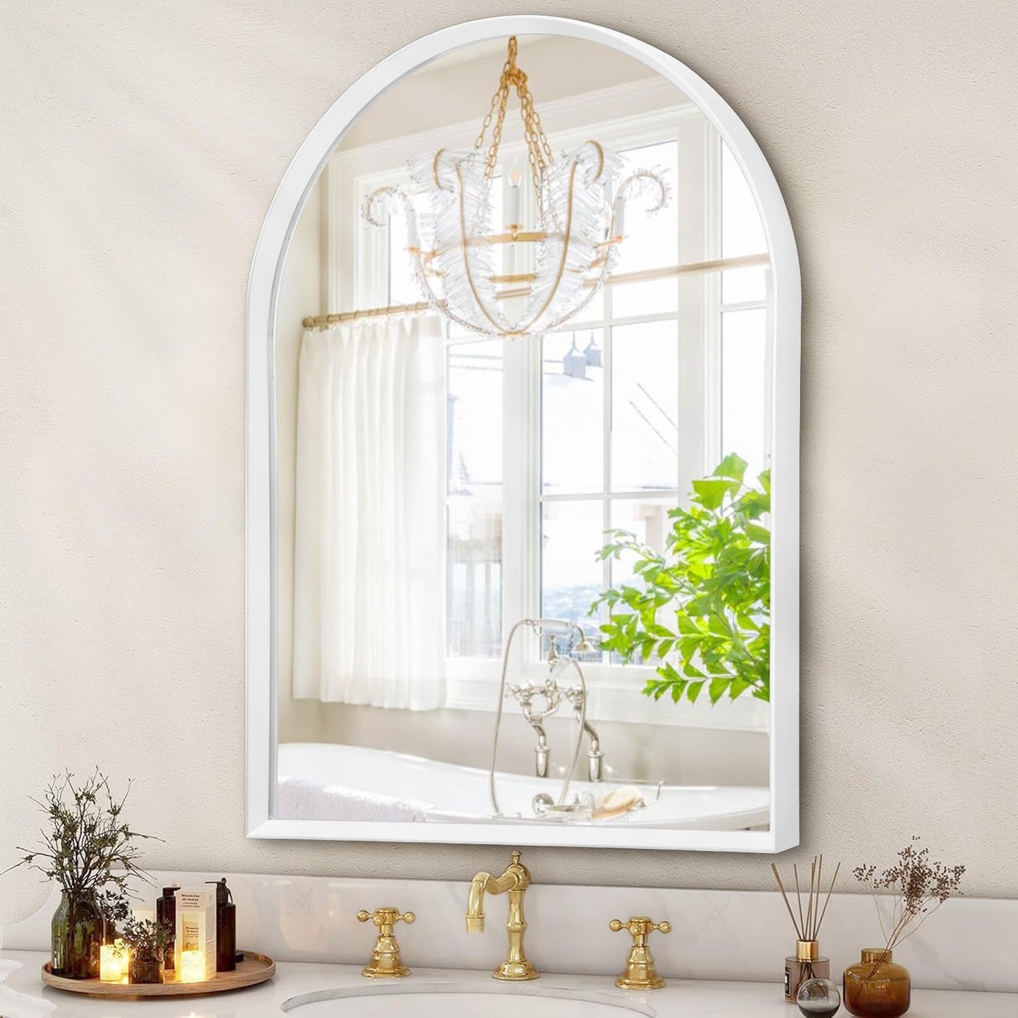 Black Arched Mirror, Modern Bathroom Wall Mirror Aluminum Alloy Framed Mirror Brushed Metal Vanity Wall Mounted Mirror for Livingroom Bedroom Entryway Room 16"x12"