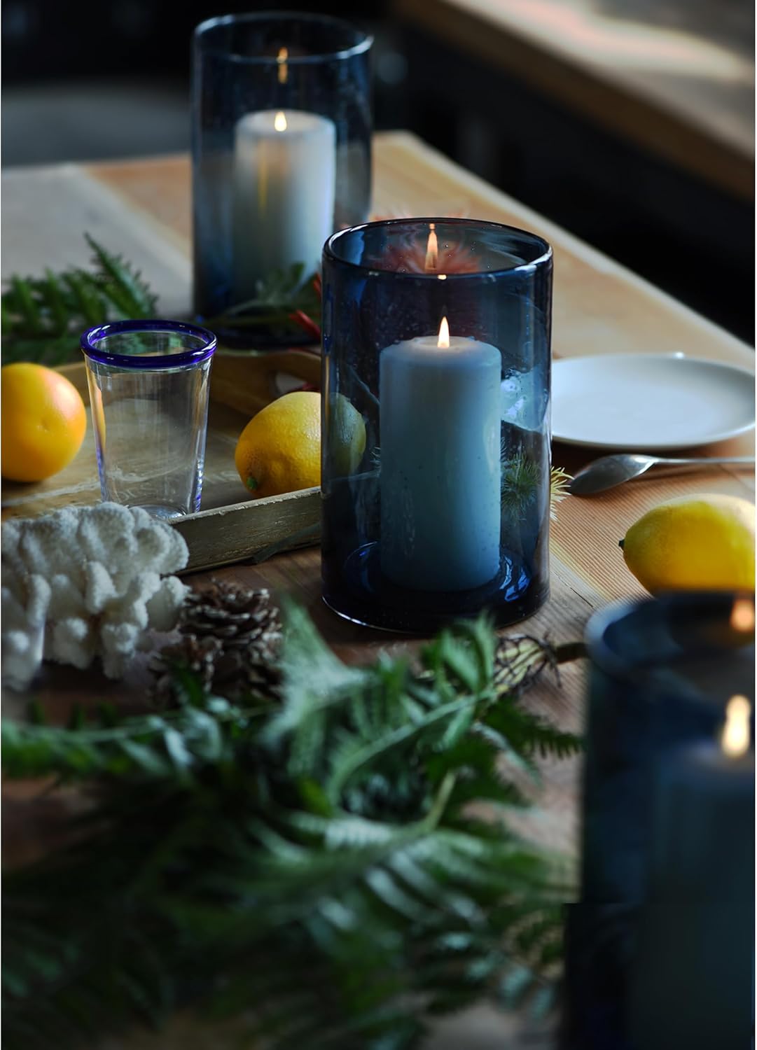 Hurricane Candle Holders for Pillar Hand Blown Glass Cylinder Vases Table Centerpiece Bulk Room Decor Clear Seeded Bubbles Living Dining Kitchen Island 10" 7" 4" Set of 3