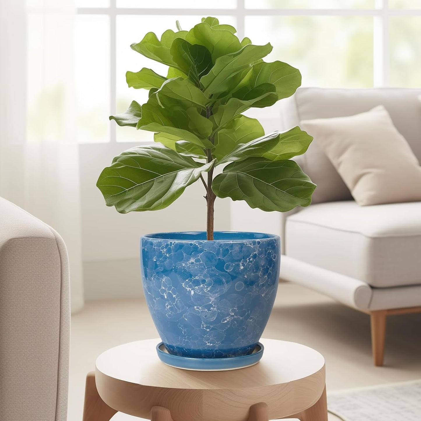 10 Inch Ceramic Planter Pot Round Plant Pot for Indoor Plants Outdoor Large Flower Pot with Drainage Hole and Saucer Blue