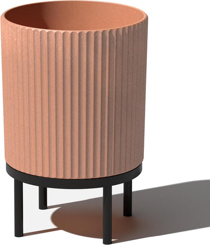 Veradek Demi Series Round Planter w/ Stand for Porch/Patio | Durable Plastic-Concrete & Wooden Stand | Modern Décor for Tall Plants, Flowers
