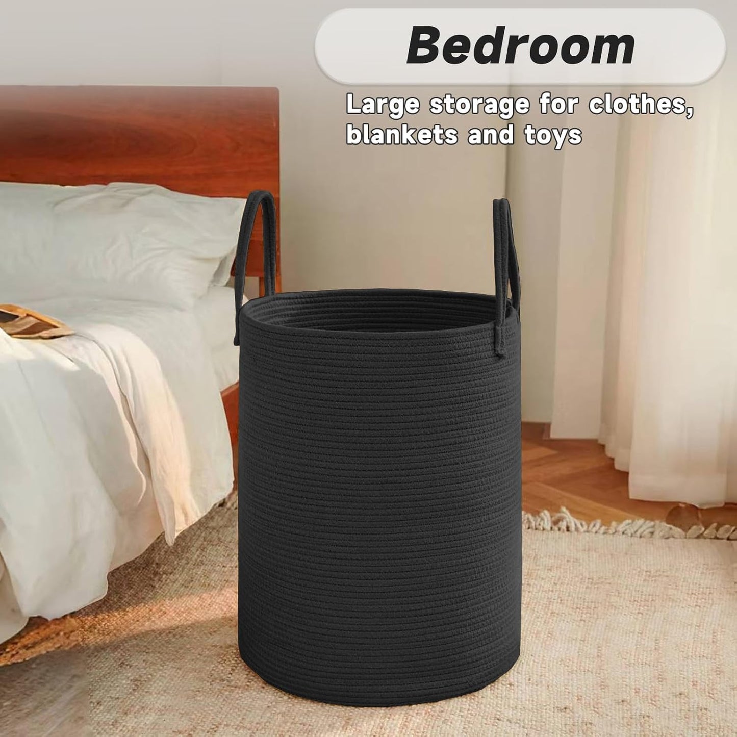 JMvicyroam Large Woven Laundry Basket Hamper,60L Cotton Rope Storage Bin for Blankets,Toys and Clothes,Decorative Tall Nursery Hamper for Living Room,Baby Nursery,Bathroom and Bedroom,Brown