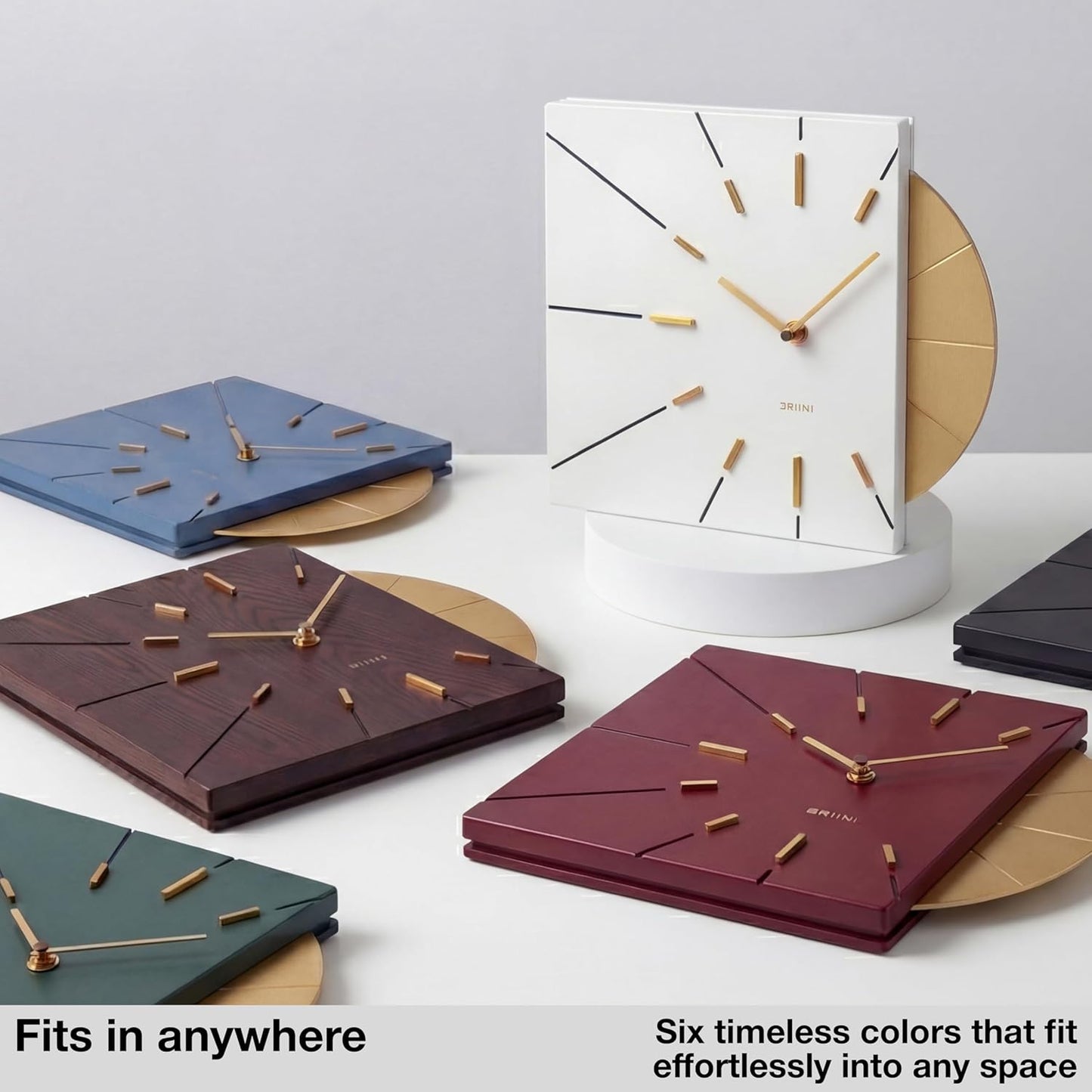 Driini Clocks Mid Century Modern Wall Clock - Square Green Clock with Decorative Gold Accent- Unique and Cool Clock, Battery Operated - MCM Decor & Decorative Wall Clock for Mid Century Modern Decor.
