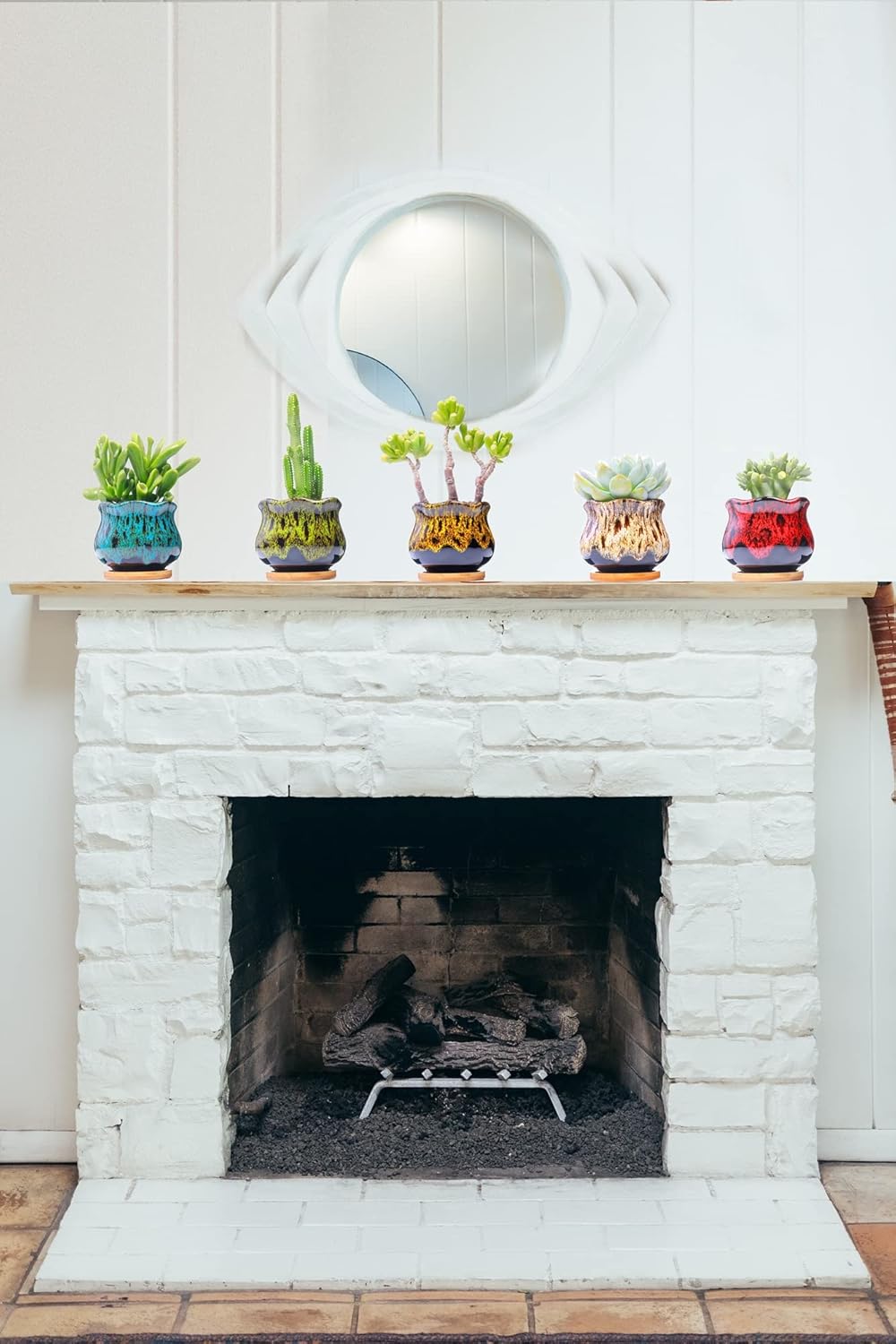 Cute Ceramic Succulent Garden Pots, Planter with Drainage and Attached Saucer, Set of 5 -Plants Not Included (Round)