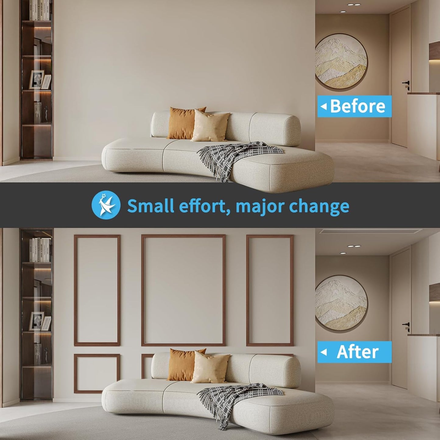 Art3d Pre-Cut Wall Molding Set of 6 pcs, Ready-to-Assemble Wainscoting Panels for Interior Wall Décor Living Room Bedroom Accent Wall - Installed with Glue, 3 Top 3 Bottom