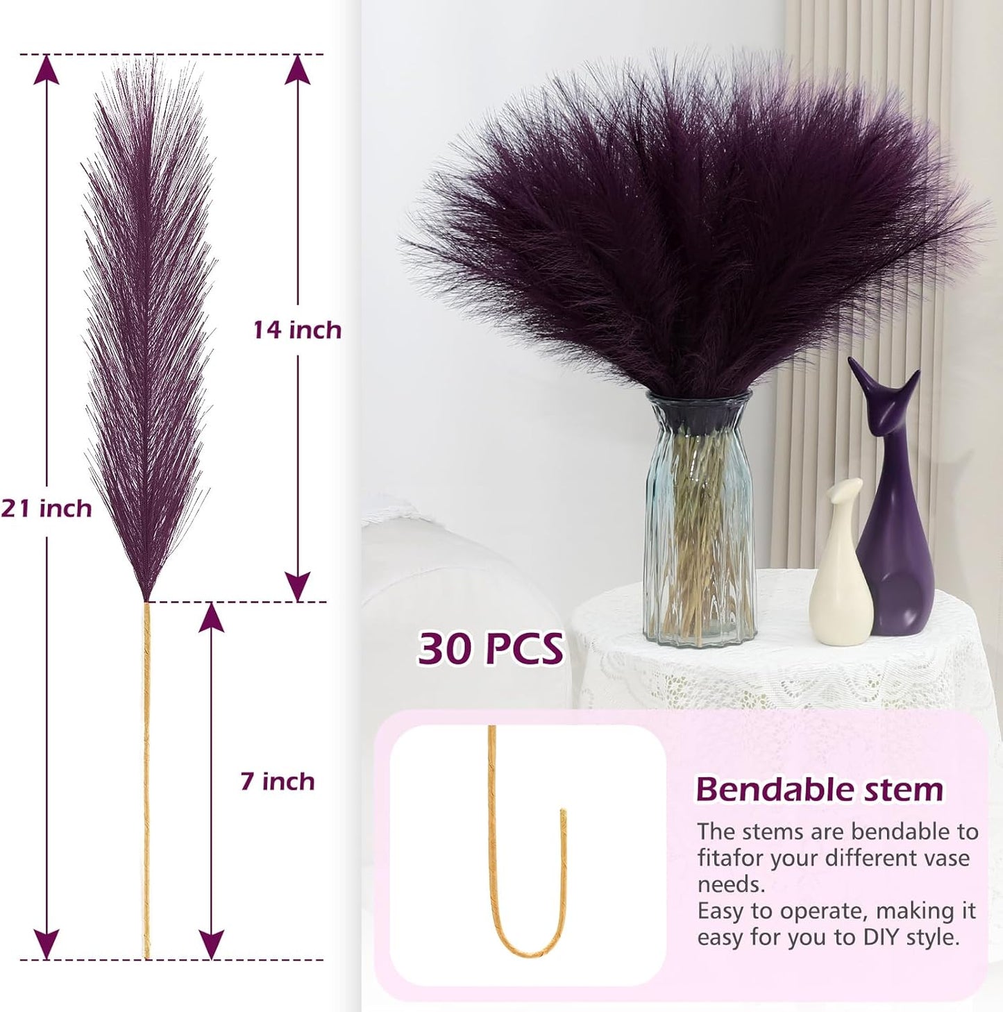 Pampas Grass Decor 30 Pcs 21.7 Inch Faux Brown Pampas Grass Bulk Artificial Dried Flowers Small Vase Filler Pompas Grass.