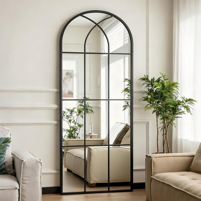 Dewfig 65"x 22" Arched Window pane Full Length Mirror, Wall Mirror, Floor Standing Mirrors, Farmhouse Long Full Body Mirrors Wall Mounted for Living Room, Bedroom, Entryway, Fireplace, Black