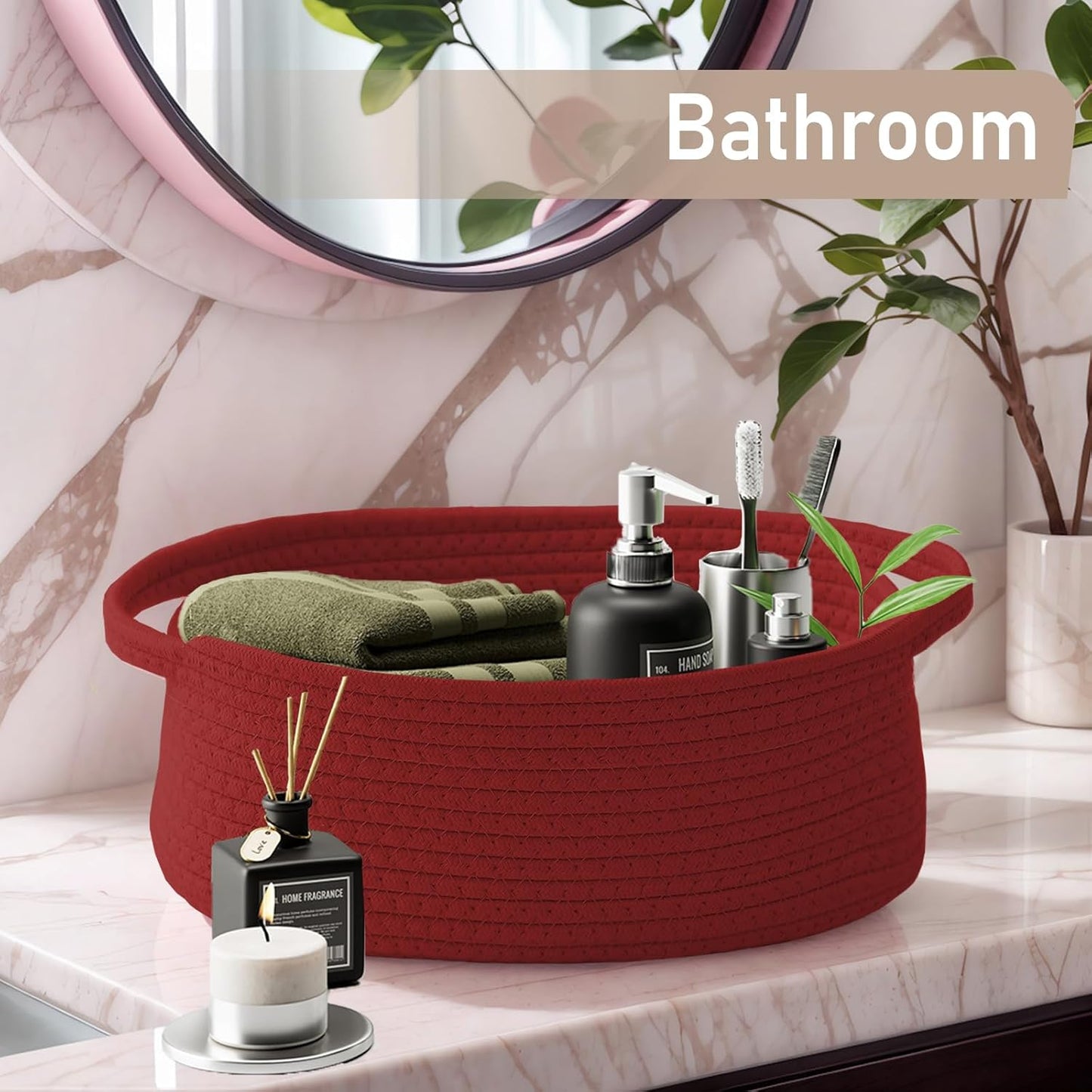 JMvicyroam Woven Basket,Small Rope Storage Bin with Handles & Ribbon Bag, Organizer for Shelves Closets,Gift Basket Empty for Birthday,Books,Dog Toys,White