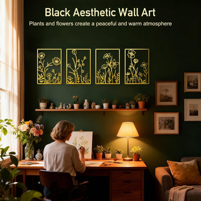 Sokurdeg Black Metal Flowers Wall Decor, Minimalist Floral Wall Hanging Art, Black Abstract Line Wall Art Sculptures for Bedroom Bathroom Living Room (4 Pcs, 12 x 17 in)