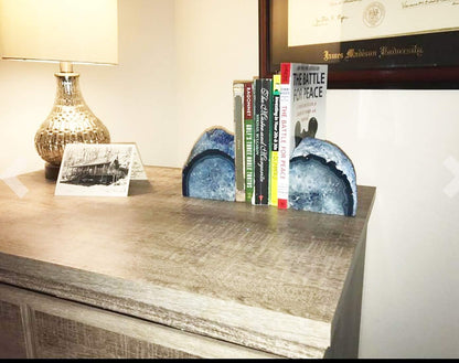 JIC Gem Dyed Blue Agate Bookends Geode Decorative Book Ends for Heavy Books with Rubber Bumpers for Office and Home Decoration Polished Small Size 2 to 3 Lbs