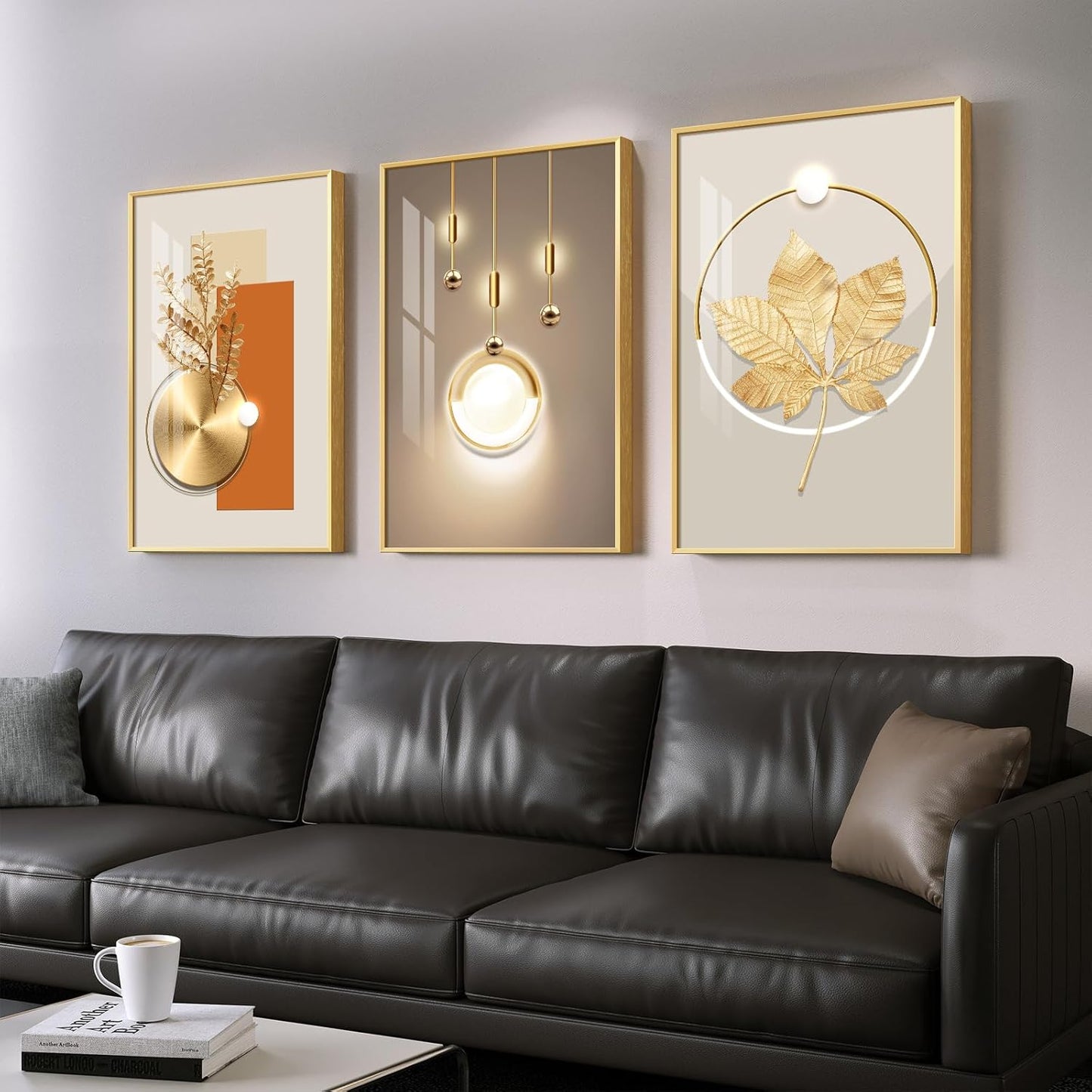 Framed Modern Luxury Gold Wall Art, Set of 3 Piece Contemporary Paintings Artwork for Walls, Golden Prints Pictures with Gold Frame, Wall Decor for Living Room, Hallway, Bedroom, Office 16x24 Inch