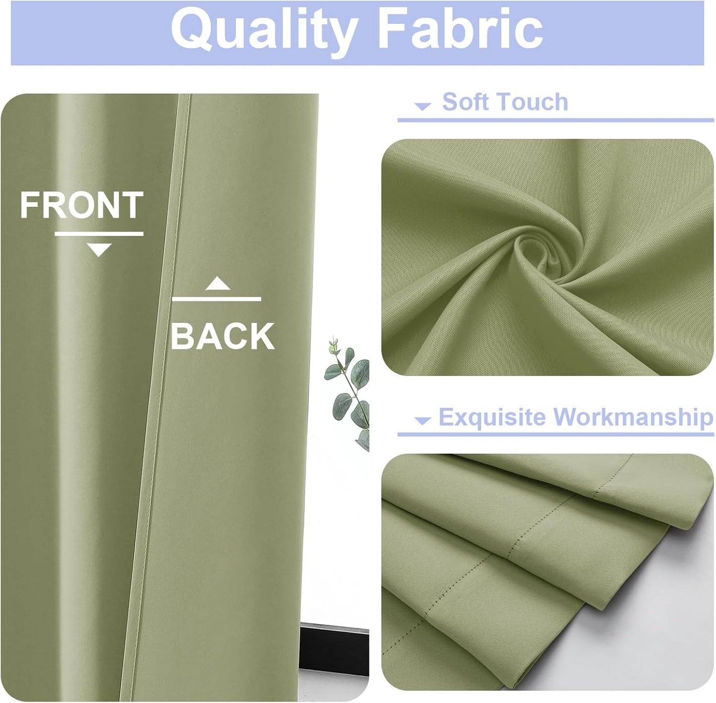 Simplebrand Ava Sage Green Blackout Curtains for Bedroom 63 Inch Length 2 Panels Set, Solid Thermal Insulated Energy Saving Rod Pocket Window Treatment Curtains Blackout Drapes, W40 x L63 Inch, Sage - Colors A