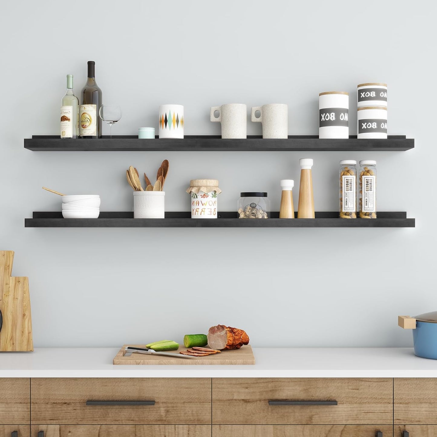 FLYJOE Picture Ledge Shelf, Floating Shelves Set of 2, Solid Pine Wood 55'' Long Large Nursery Book Shelves for Toys Storage, Kids Bookshelf for Living Room Bedroom Decor Books Photo Frames, Walnut