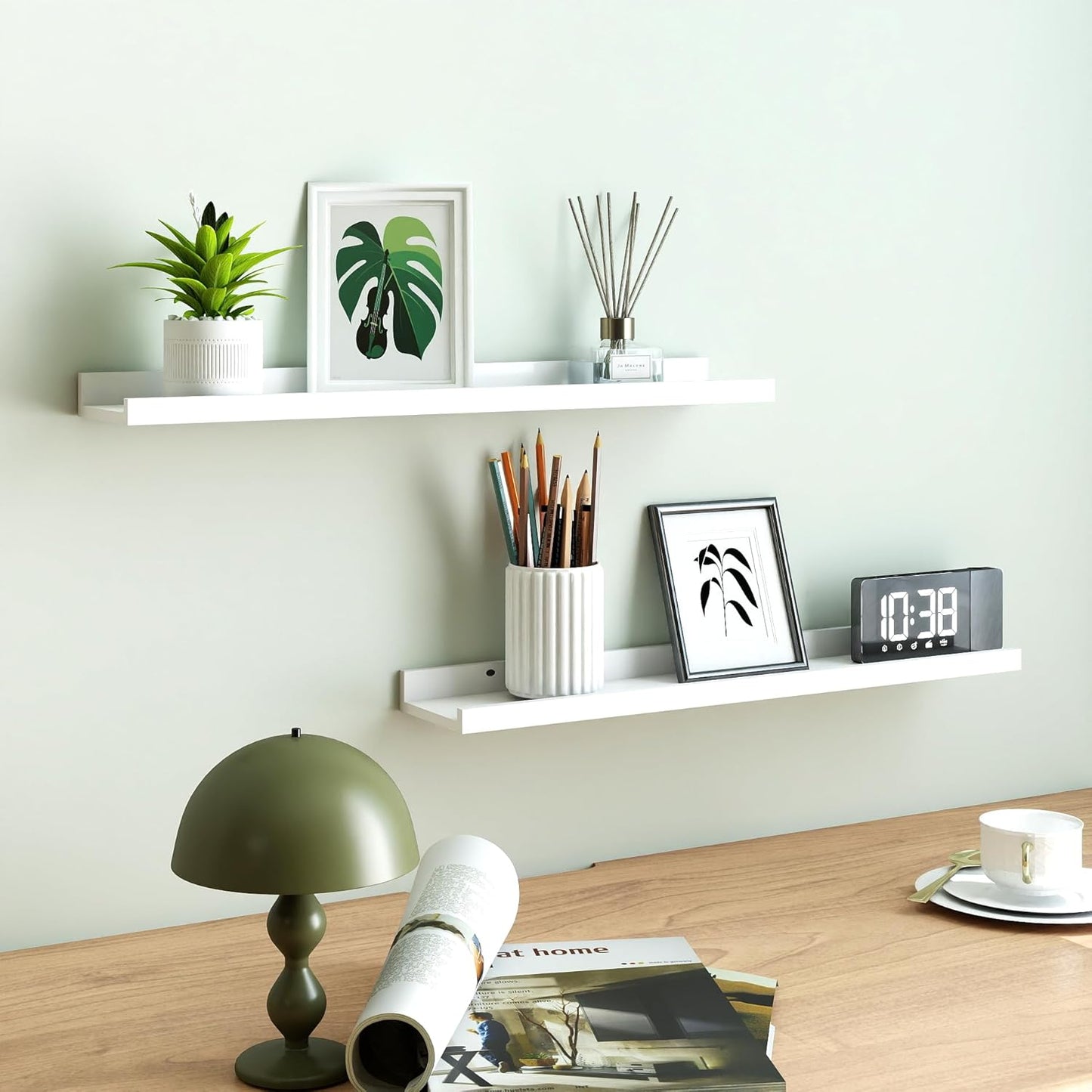 White Floating Shelves for Wall Decor, Wall Mounted Wood Storage Shelf for Bedroom, Living Room, Bathroom, Kitchen, Nursery, Display Picture Ledge Shelf with Lip Set of 2-14 Inches, White
