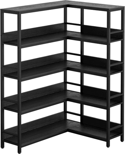 IRONCK Corner Shelf 5 Tiers 70LB Capacity L-Shaped Bookshelf with Baffles and Metal Frame for Home Office Living Room Kitchen Storage and Display