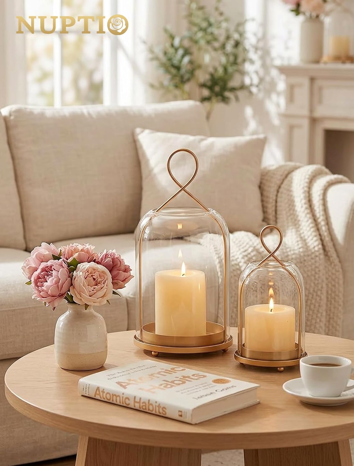 NUPTIO Glass Lanterns Decorative Outdoor: Gold Hurricane Candle Holders for Pillar Candles - Set of 2 Hanging Lantern for Home Thanksgiving Christmas Party Centerpiece