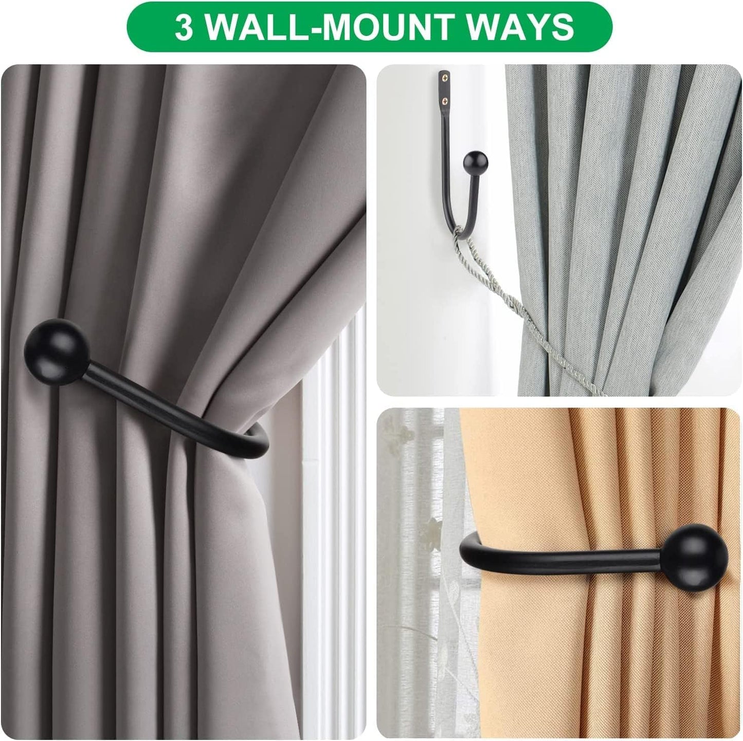 Curtain Holdbacks, 4pcs Curtains Holder Wall Mounted Drapery Tiebacks Retro Window Hook for Home Decor, Matte Black