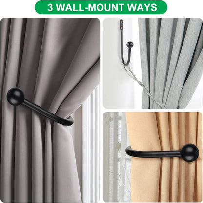 Curtain Holdbacks, 4pcs Curtains Holder Wall Mounted Drapery Tiebacks Retro Window Hook for Home Decor, Matte Black