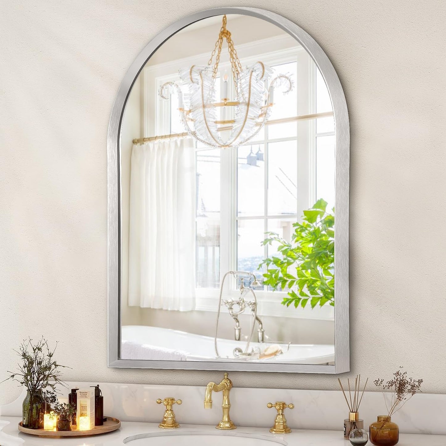 Black Arched Mirror, Modern Bathroom Wall Mirror Aluminum Alloy Framed Mirror Brushed Metal Vanity Wall Mounted Mirror for Livingroom Bedroom Entryway Room 16"x12"