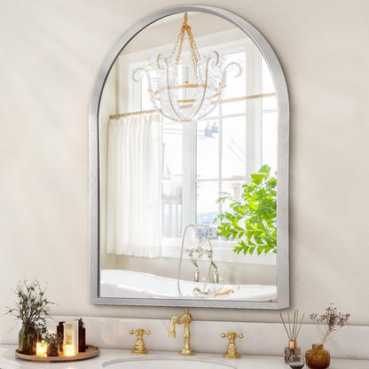 Black Arched Mirror, Modern Bathroom Wall Mirror Aluminum Alloy Framed Mirror Brushed Metal Vanity Wall Mounted Mirror for Livingroom Bedroom Entryway Room 16"x12"