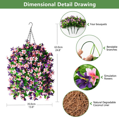 INQCMY Artificial Fake Hanging Plants Flowers Basket for Spring Summer Outdoor Outside Porch Decoration,UV Resistant Faux Silk Violet in Planter for Home Patio Balcony Garden Yard Decor(Red)