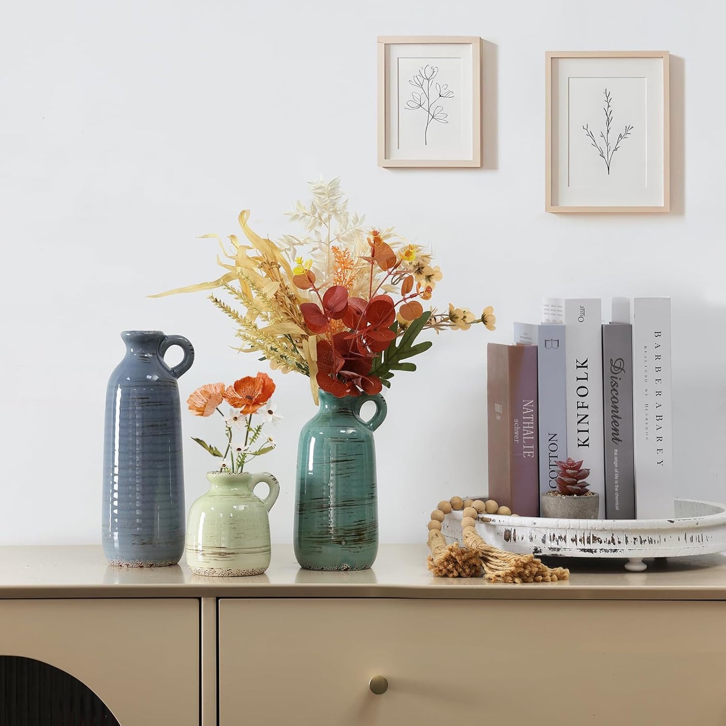 Modern Ceramic Vase Set of 5, Vases Home Decor Rustic Farmhouse Decorative Vase Pottery Vases for Bouquet Pampas Grass Dried Fresh Flowers, Table Living Room Kitchen Bedroom