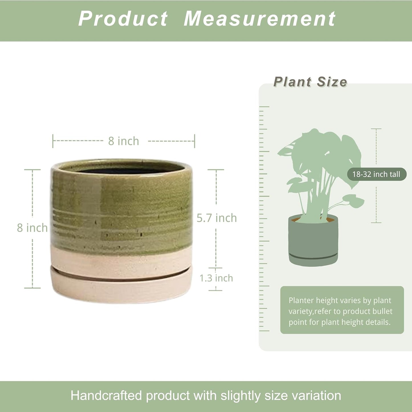 HERDUK 6 Inch Plant Pots, Ceramic Planter Pot with Drainage Hole & Saucer, Indoor/Outdoor Cylinder Round Planter Pot, Green & Beige