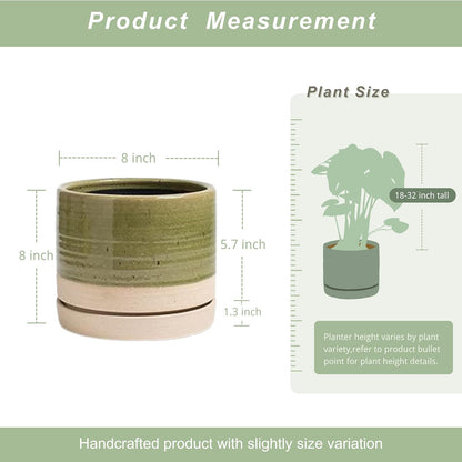 HERDUK 6 Inch Plant Pots, Ceramic Planter Pot with Drainage Hole & Saucer, Indoor/Outdoor Cylinder Round Planter Pot, Green & Beige