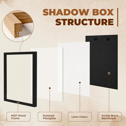 Muzilife 8x8 Shadow Box Picture Frame with Linen Board - Deep Wood & Glass Display Case Ready to Hang Memory Box Baby Sports Memorabilia, Pins, Awards, Medals, Wedding, Tickets and Photos (Black)