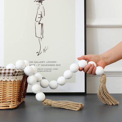Farmhouse Decor Large Wood Bead Garland 50inch long with 1.6" Diameter beads, Natural Wooden Beads Decor with Tassels Decorative Boho Country Decoration for Coffee Table Home Tiered Tray Wall Hanging