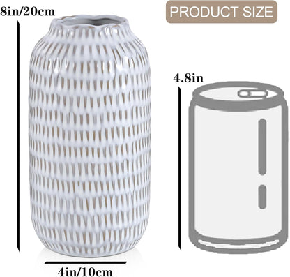 Ceramic Vase for Flowers – Modern Small Ribbed Textured Flower Vase for Home Decor, Pampas Grass, Decorative, Farmhouse, Coffee Table, Kitchen Centerpieces, Bookshelf and Home Living (White)