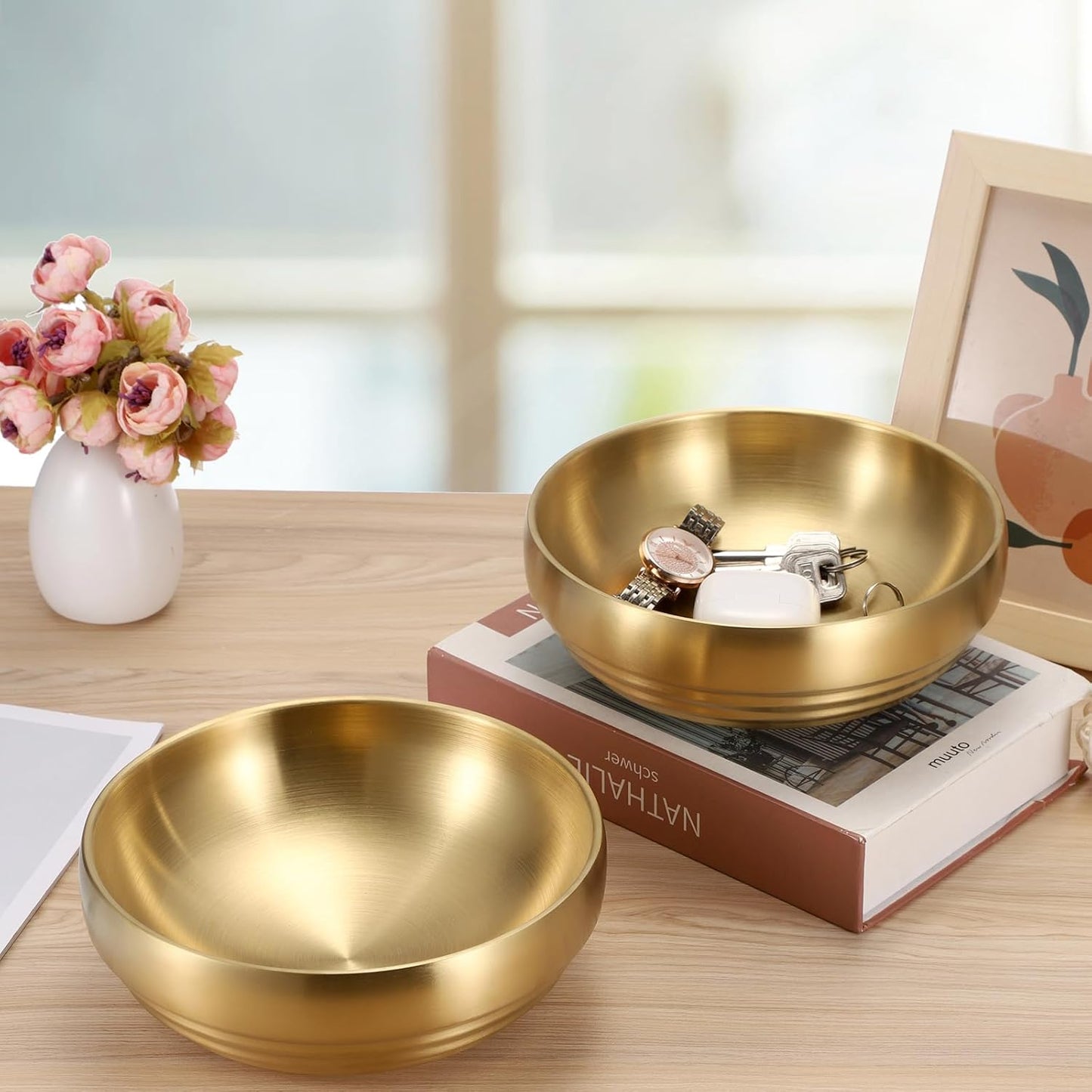 Key Bowl for Entryway Table Decorative Key Dish for Organizing Tabletop Catch All Bowl Gold Fruit Bowls for Kitchen Counter, Coffee Table,7.4 Inches