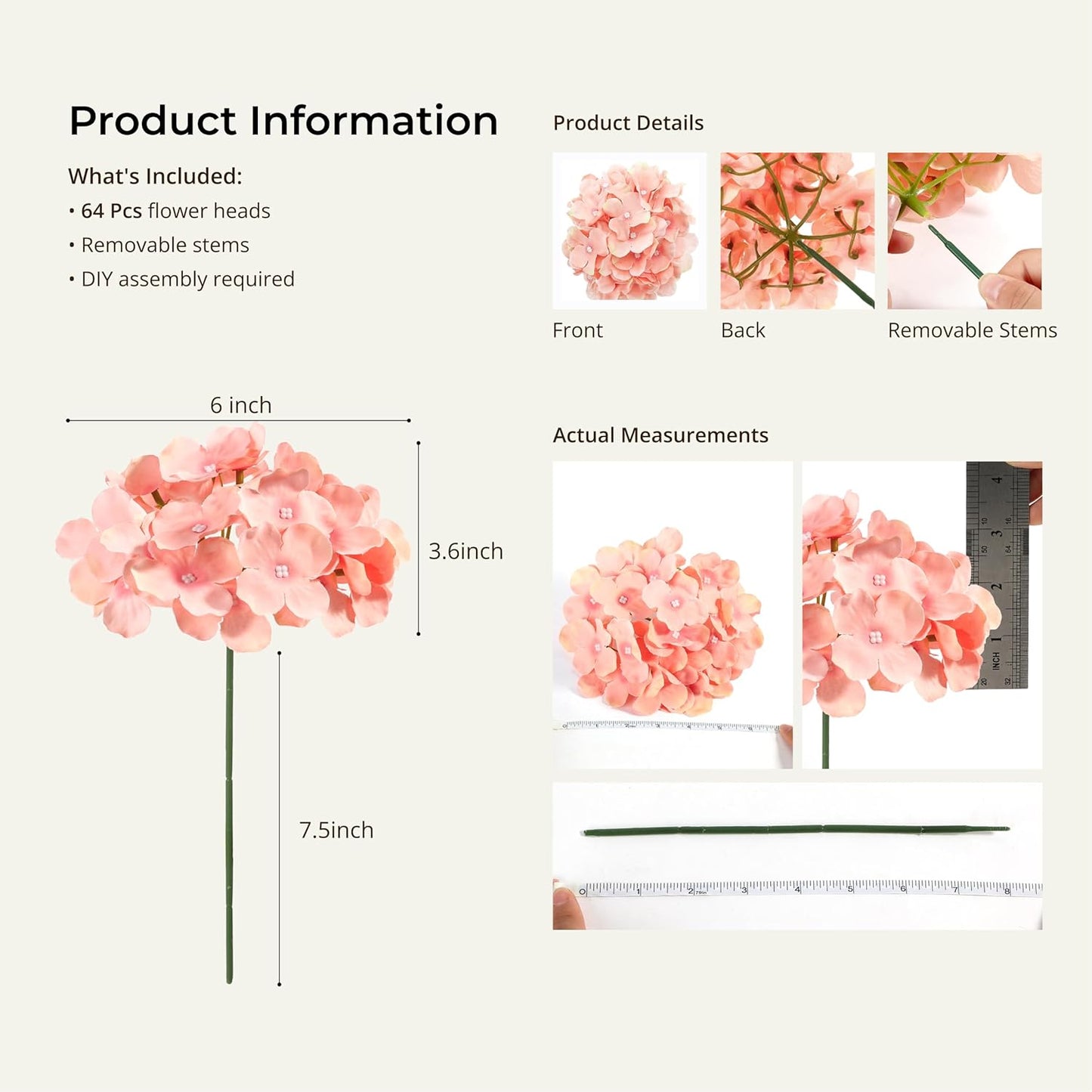 Auihiay 64 PCS Artificial Hydrangea Flowers, Silk Hydrangea Full Flowers Heads with Stems for Wedding Centerpieces, Home, Garden, Baby Shower, Party Decoration (Ivory)