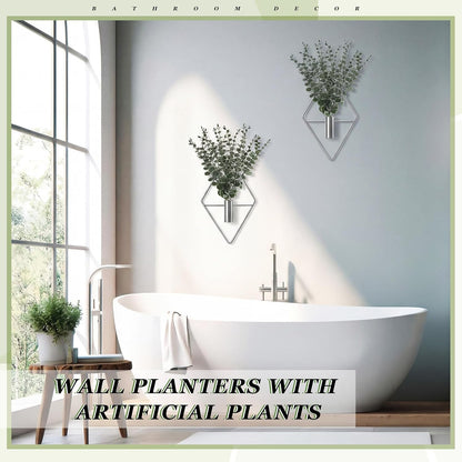 Jexine 4 Pcs Hanging Planters with Artificial Eucalyptus Metal Hanging Vase Indoor Plants Holder Modern Geometric Boho Bathroom Wall Decor for Living Room Home Office(Black)