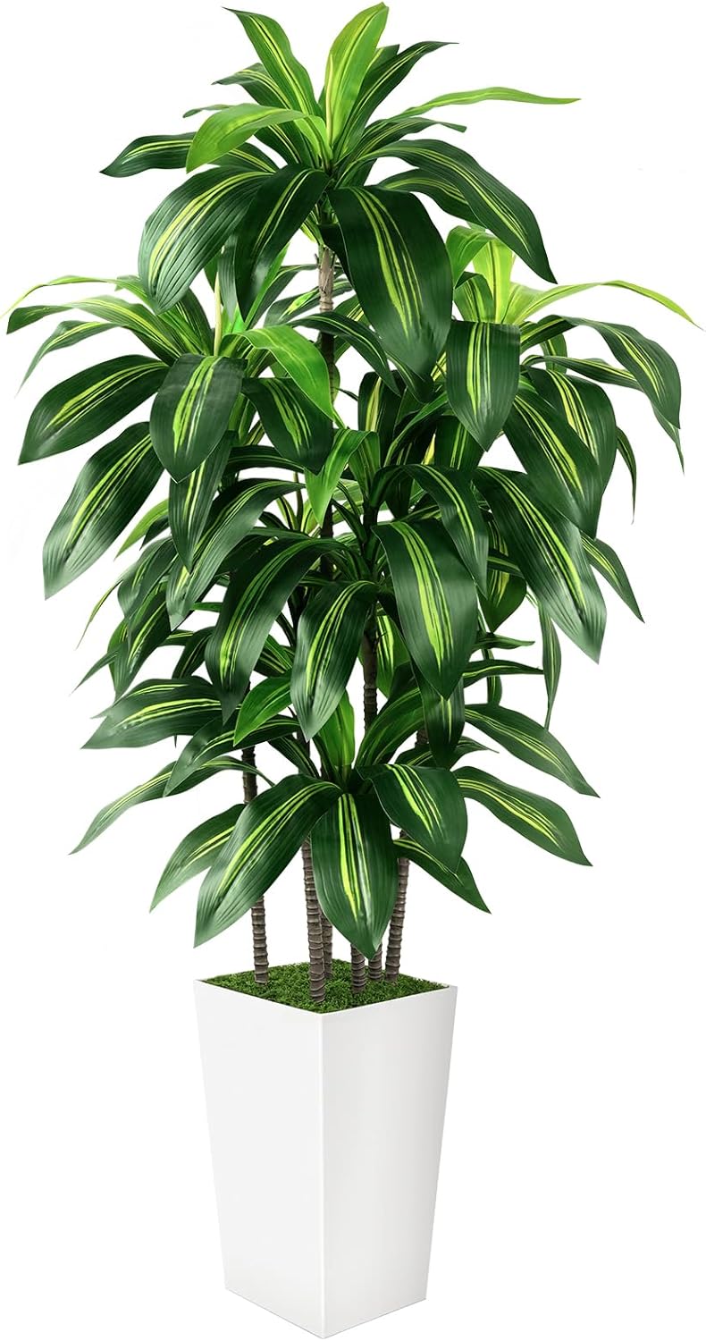 Artificial Dracaena Tree Indoor, 5FT Tall Fake Tree with White Tall Planter, Artificial Tree Fake Yucca Potted Tree for Home Office Living Room Decor, Tall Artificial Plant for Housewarming