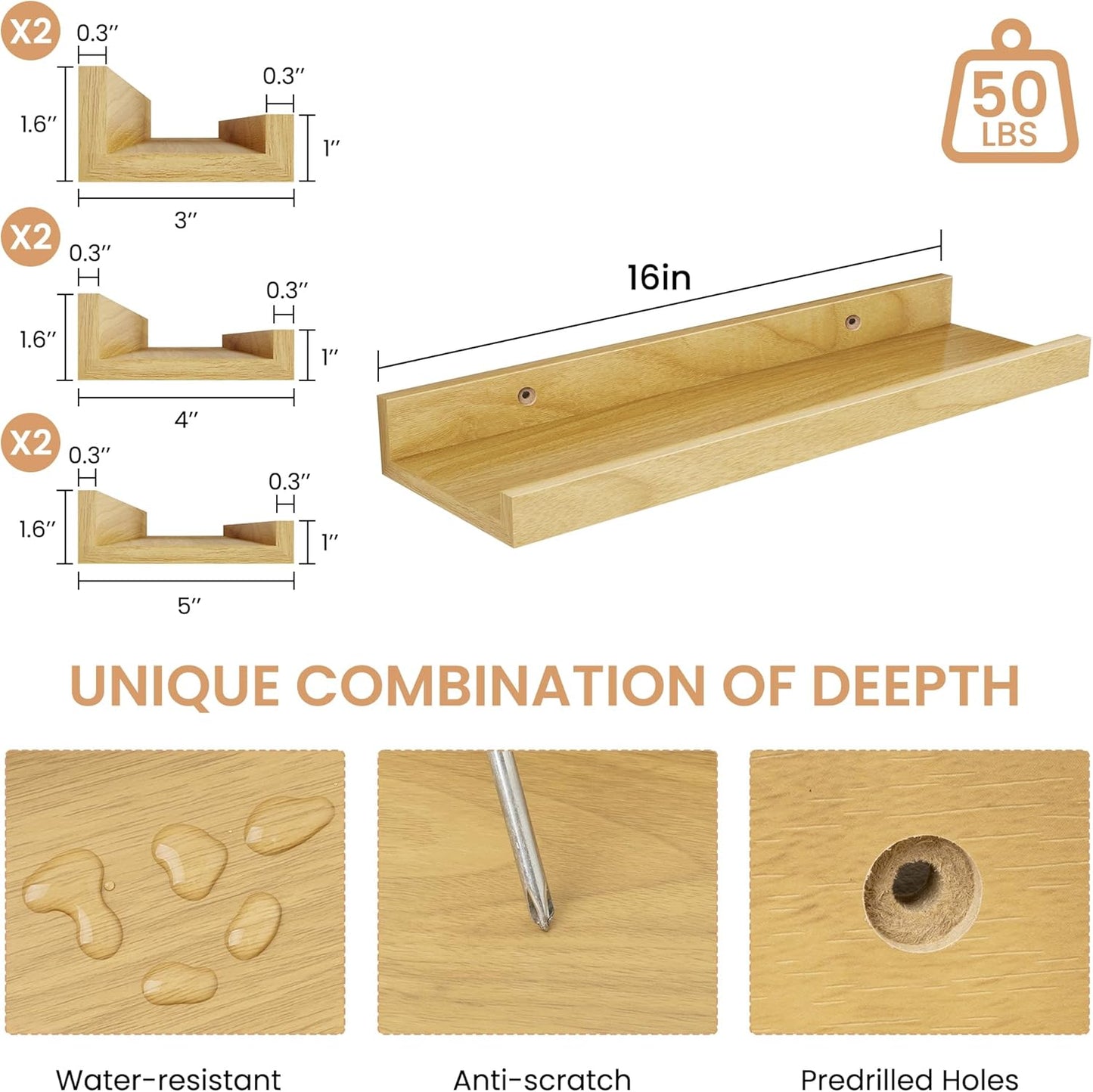 Acovy Picture Ledge Shelf Set of 6, 48 inch Long Large Floating Shelves for Wall with Lip, Wall Mounted Shelves for Living Room, Bedroom, Bathroom, Kitchen, Nursery,Oak