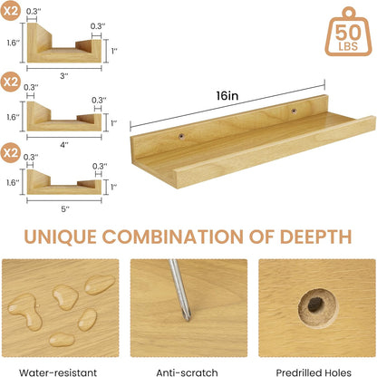Acovy Picture Ledge Shelf Set of 6, 48 inch Long Large Floating Shelves for Wall with Lip, Wall Mounted Shelves for Living Room, Bedroom, Bathroom, Kitchen, Nursery,Oak