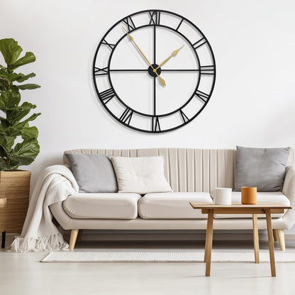 LEIKE 16" Large Wall Clocks Battery Operated, Round Modern Silent Non-Ticking Black Metal Wall Clock for Living Room Decor, Bedroom Kitchen (40cm Diameter, Black Roman Number)